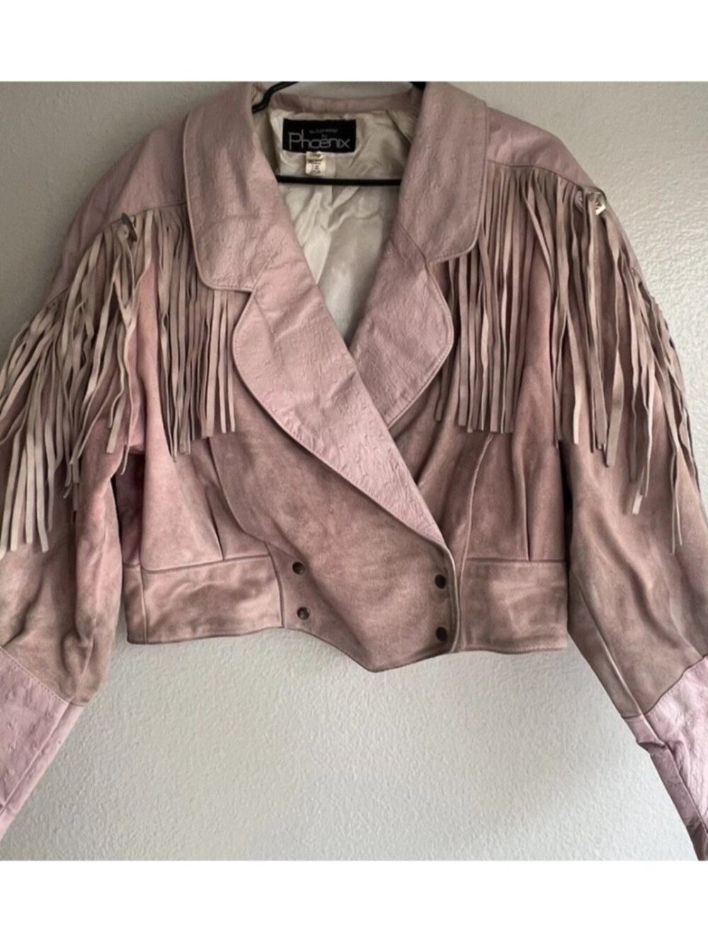 Vintage Phoenix Ostrich Fringe Leather Crop Jacket Womens L Western USA Made